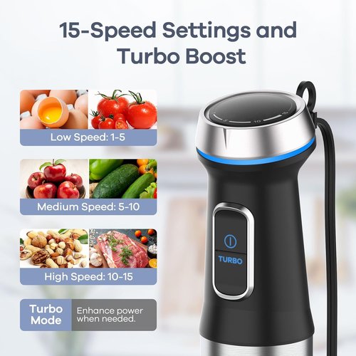 Ganiza Handheld Immersion Blender - 6-in-1 Electric Stick Blender with Stainless Steel Blade & 15 Speeds | Includes 800ml Beaker & 600ml Chopper