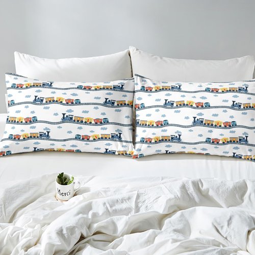 Erosebridal Cute Steam Engine Queen Sheets for Kids Toddlers Kawaii Train Sheet & Pillowcase Sets Construction Vehicles Bed Sheets Cartoon Railway Sheet Set Boys Car Theme Sheets 4pcs