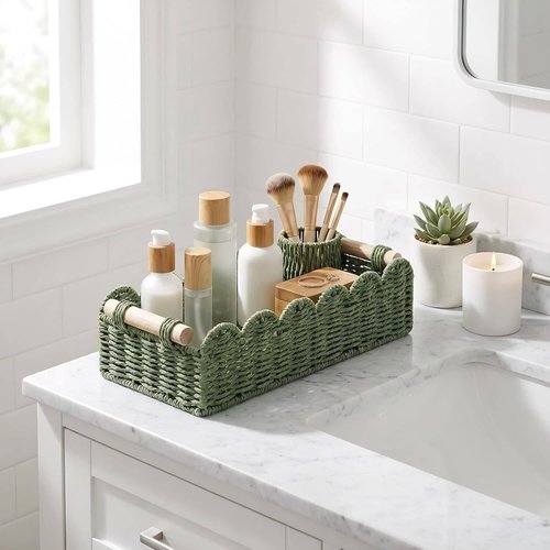 CubesLand Toilet Paper Storage Basket - Scalloped Edge Green Decor | Cozy Home Accessory with 2 Wooden Handles