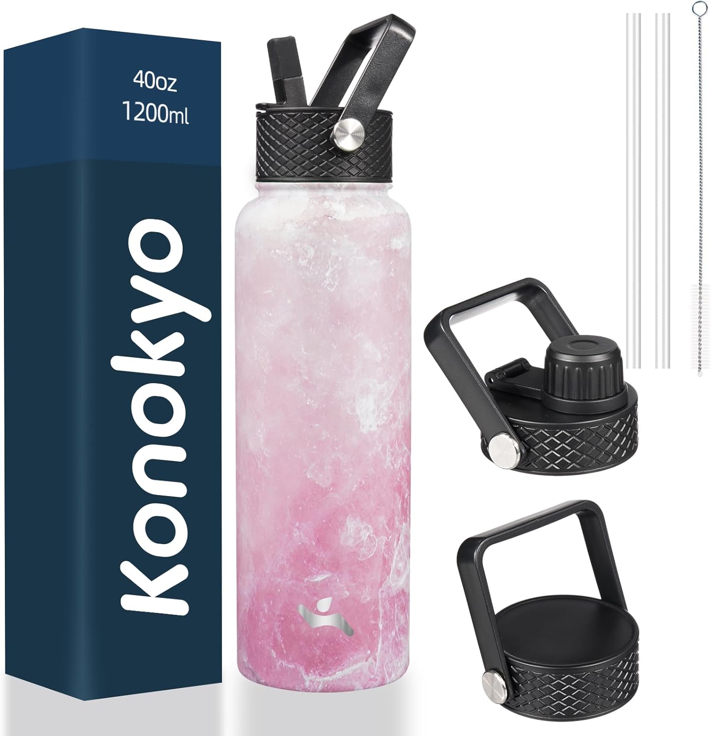 Skiennix 40oz Insulated Stainless Steel Water Bottle - Marble Blossom | 3 Versatile Lids Included