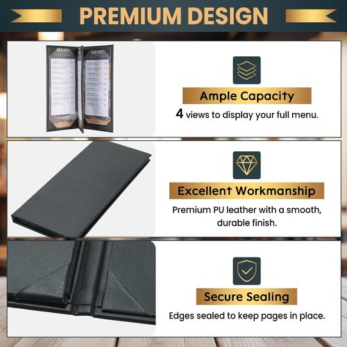AMGSH 10 Pack 4 View Menu Holder Menu Covers 4.25" x 11" | 10 Pack Black Leather Menu Sleeves Book Style for Restaurant Coffee Bars Wine List (4 View, 10 Pack)