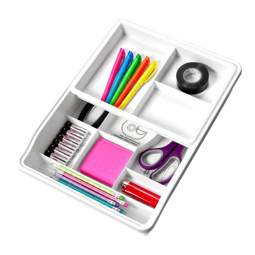 madesmart 24-Compartment Junk Drawer Organizer with Sliding Top Tray, Multi-Purpose Storage for Kitchen, Office & Bathroom Drawers, White