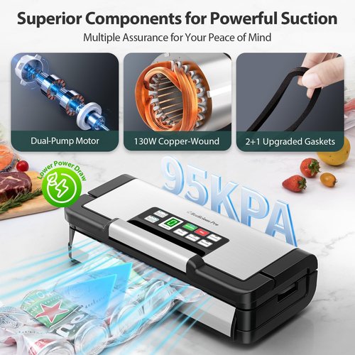 AquaLock Vacuum Sealer Machine | 95kPa Fully Automatic Food Sealer with Built-In Cutter & 2 Bag Rolls