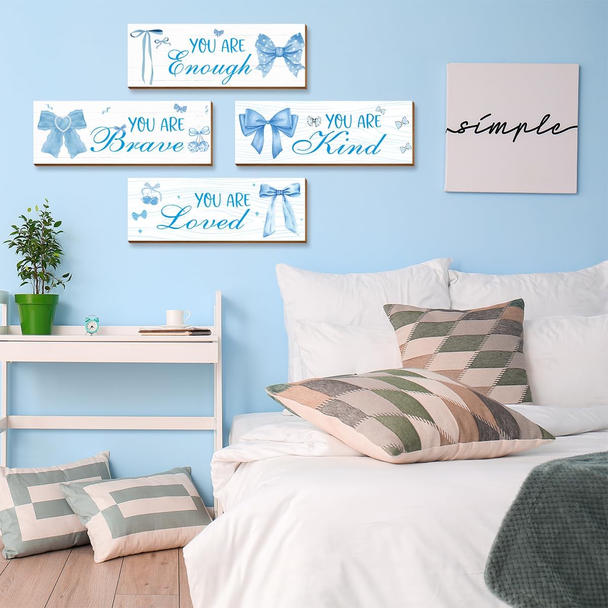 Skiennix 4 Pcs Blue Coquete Bow Room Decor - Trendy Preppy Wall Art for Teen Girls' Bedroom & Bathroom