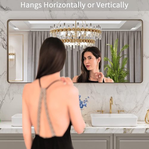 LOAAO Bronze Bathroom Mirror - 60”x28” Rounded Rectangle Design, Anti-Rust Metal Frame, Tempered Glass