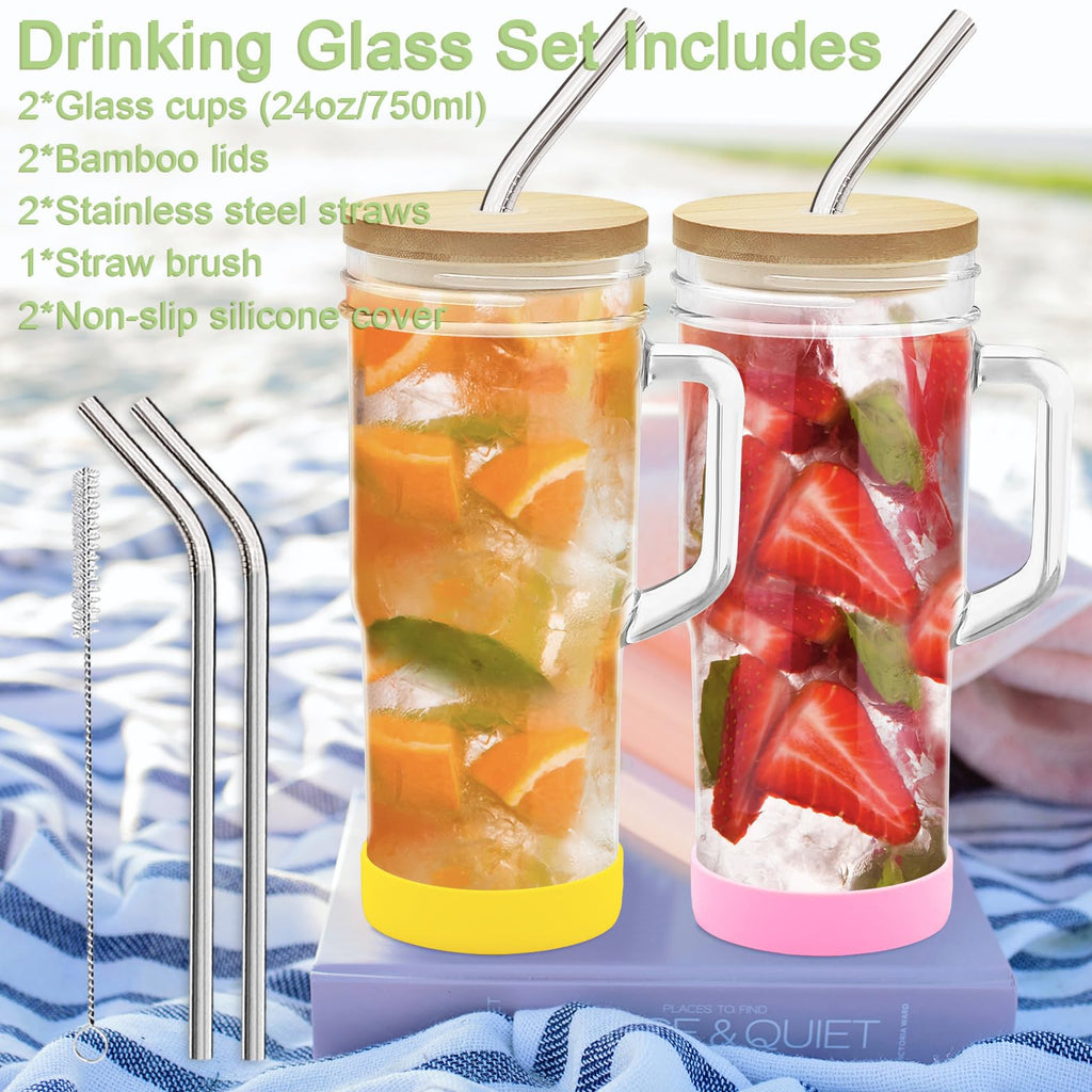 Glass Cups with Lids Straws 2Pack 24oz Mason Jar Tumblers Cup with Handle Wide Mouth Iced Coffee Cup Reusable Drinking Glasses Travel Mug for Smoothie Beer Juice Tea Gifts Clear