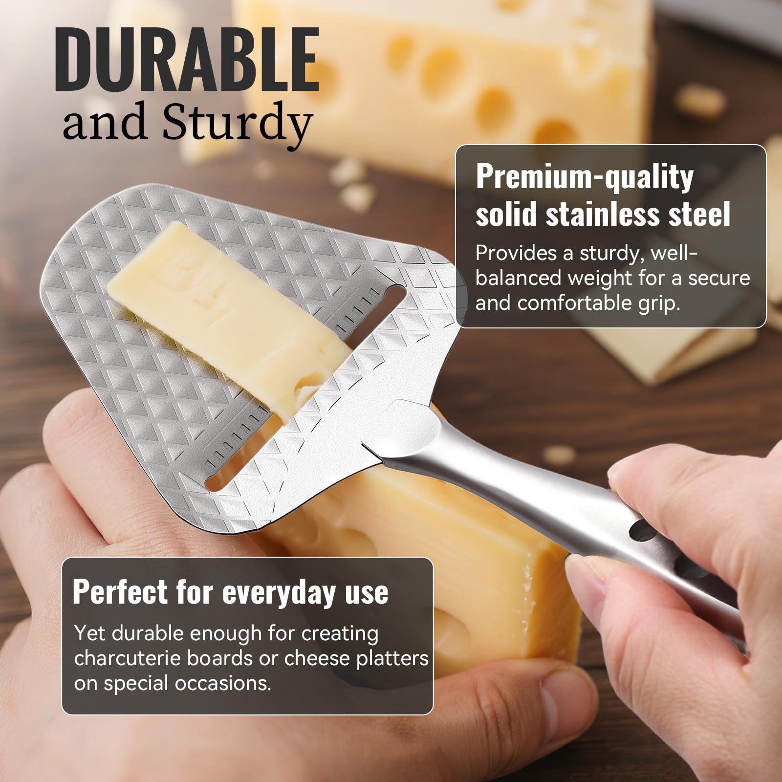 Premium Cheese Slicer – Effortless Slicing for All Cheese Types – Multi-Functional Cheese Cutter - Stainless Steel Cheese Plane – Quilted Pattern Reduces Resistance, Non-Stick, Ergonomic Handheld Grip