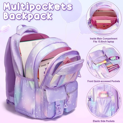 Fimibuke Kids Backpack for School Girls, 3Pcs Waterproof Girls Backpack with Lunch Box & Pencil Pouch - Lightweight Bookbag for Elementary Middle School Student Teens Ages 6+ Purple