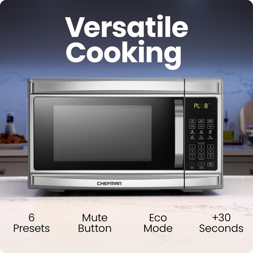 Chefman Microwave Oven - 1.3 Cu. Ft. Digital Stainless Steel | 1000 Watts, 6 Auto Menus, Child Safety Lock