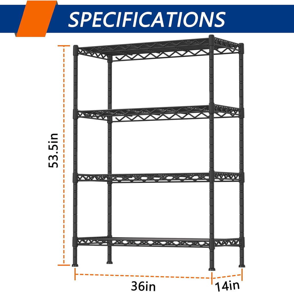 Regine Switzerland 4-Shelf Heavy Duty Storage Shelving Unit - Adjustable Metal Organizer Rack for Laundry, Bathroom & Kitchen | Black