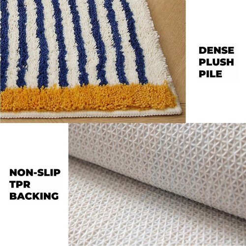 GIB Bathroom Rugs Mat 24" x 16", Extra Soft Absorbent Plush Fluffy Bath Rugs, Non-Slip Washable Bath Mats for Bathroom Floor Shower Home Decor Accessories, Blue & White Striped with Yellow Accents