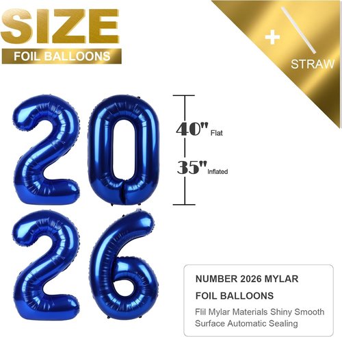 2026 Navy Blue Number Balloon - 40 Inch Celebration Balloon for New Year's Eve & Graduation Parties