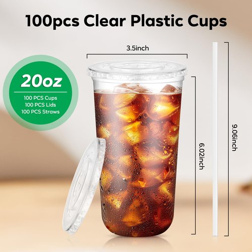 100PCS 20 oz Disposable Plastic Cups with Flat Lids and Clear Straws, Round Bottom To Go Iced Coffee Cups, BPA Free Holiday Cups for Smoothies, Cold Drinks, Coffee Shop, Juice Bars, Christmas Party