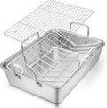E-far Stainless Steel Roasting Pan - 16 x 11.5 Inch Turkey Roaster with V-Shaped Rack | Heavy Duty & Dishwasher Safe