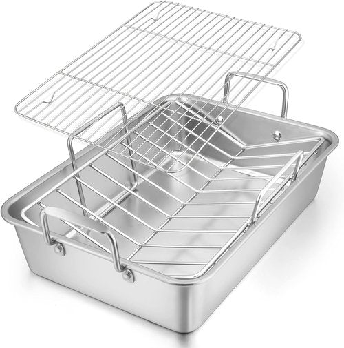 E-far Stainless Steel Roasting Pan - 16 x 11.5 Inch Turkey Roaster with V-Shaped Rack | Heavy Duty & Dishwasher Safe
