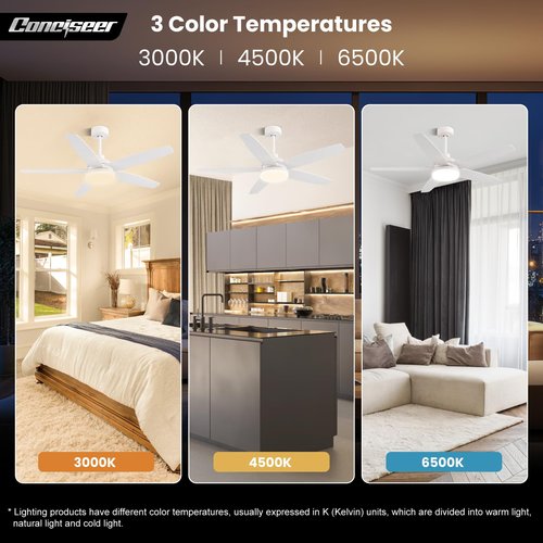 Conciseer 52 Inch Ceiling Fans with Lights, Remote Control 5 Blade Ceiling Fan for Bedroom Living Room Kitchen,24W 3CCT Dimmable, Dual Color 6 Speed Reversible Quiet DC Motor White/Wood Grain