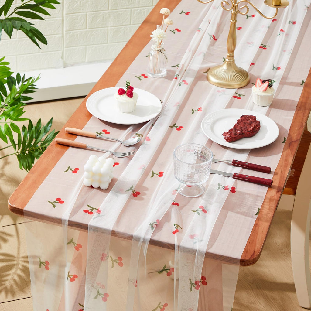 Windkream 2 Pack Cherry Table Runner 35x120 Inch Cherry Birthday Party Decorations Fruit Summer Lace Tulle Fabric Table Dining Room Kitchen Holiday Wedding Baby Shower Arch Veil Decor