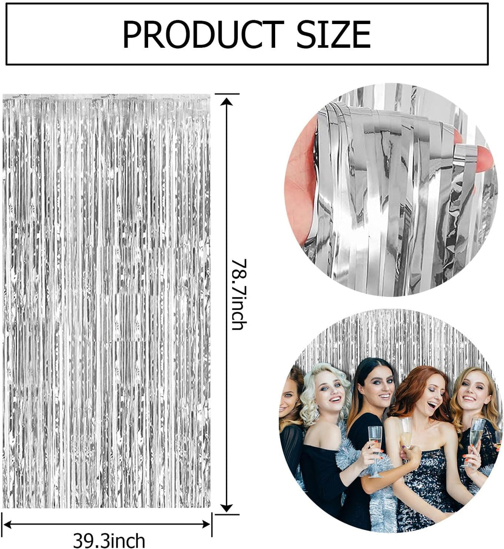 Skiennix 20 Pack Silver Backdrop Curtains - Foil Fringe Tinsel Streamers for Parties & Events