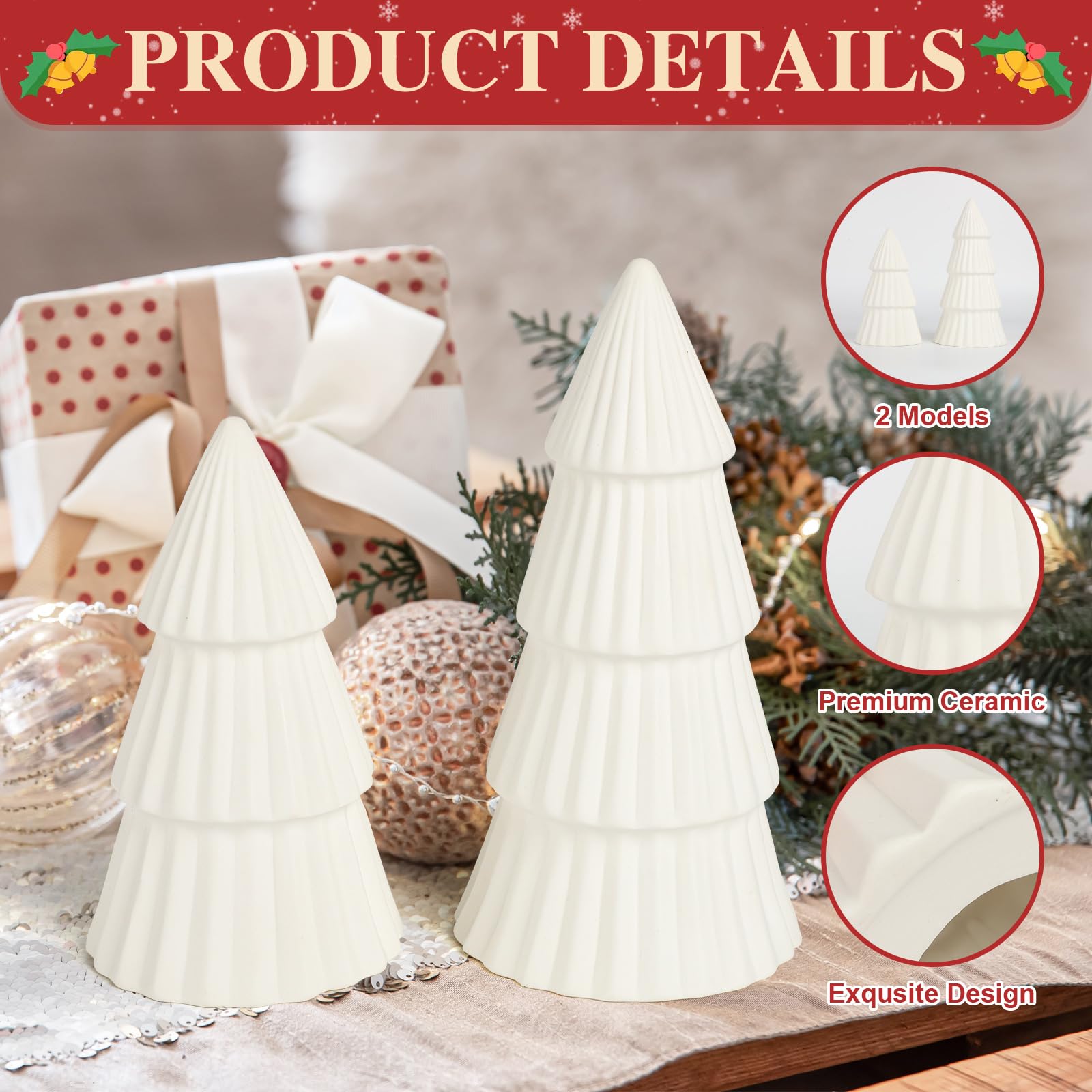 White Ceramic Christmas Tree, Porcelain Christmas Tree Table Decorations Farmhouse Christmas Decor Trees for Tabletop Winter Mantle Shelf Dinner Holiday Party Supplies Set of 2 (White)