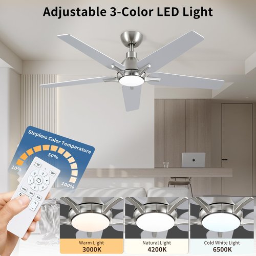 putroad 52 Inch Ceiling Fans with Lights: Brushed Nickel Ceiling Fan with Light and Remote for Bedroom Living Room Dining room Patio, 3CCT Dimmable 6 Speeds Reversible Quiet DC Motor