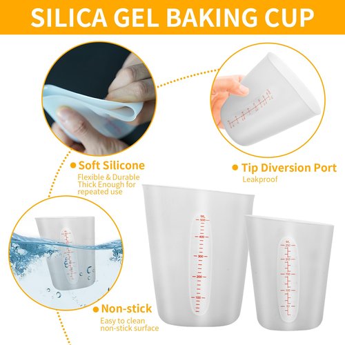 3 PCS Silicone Measuring Cups (2 Cup + 1 Cup + 0.5 Cup) Flexible Melting Measure Cups for Chocolate,Epoxy Resin Butter, Squeeze Pour Baking Cup BPA Free with Marking ML/Ounce (White)