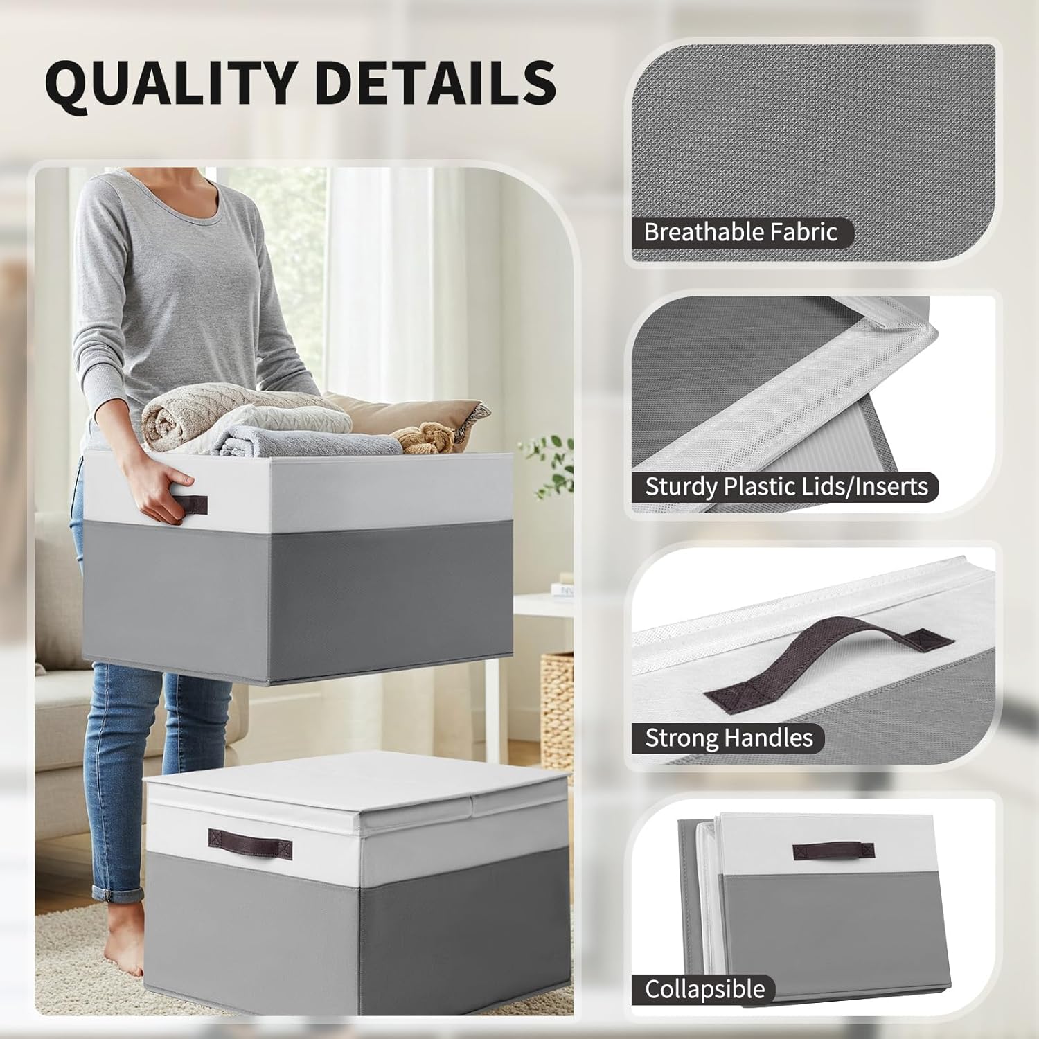 Skiennix Extra Large Blanket Storage Baskets - 2 Pack with Lids | 22”x16”x12” Closet Organizers for Clothes & Towels