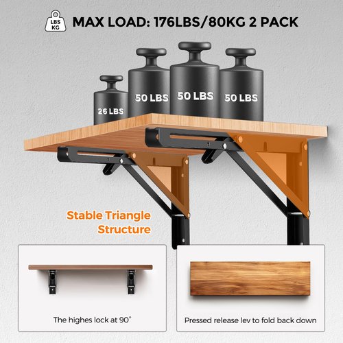 JOY DECOR 12 Inch Heavy Duty Folding Shelf Brackets, 2 Pack (1 Pair) Collapsible Wall Mounted Brackets for Fold Down Table, Stainless Steel Folding Table Hinge, Matte Black