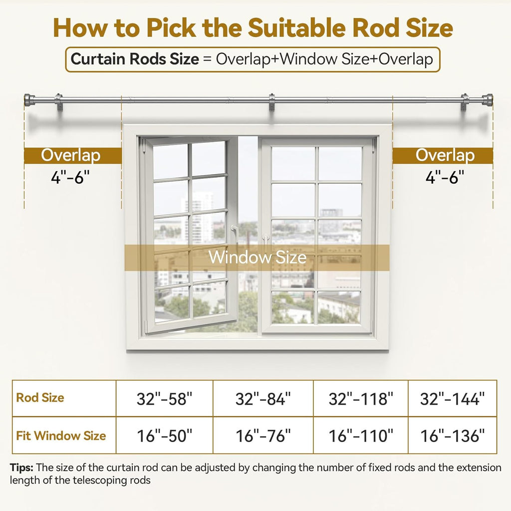 YaFex Curtain Rods - Heavy Duty 1 Inch Adjustable Window Treatment Rods | 32-84 Inch, Silver Finish