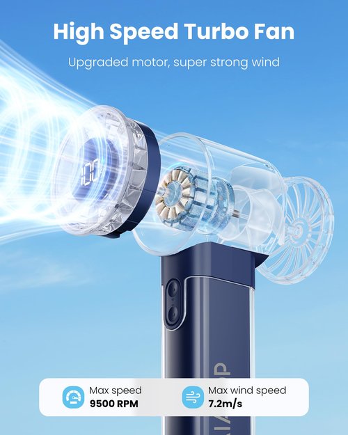 Gaiatop Portable Handheld Turbo Fan, 1-100 Adjustable High Speeds, 3-20Hrs Cooling Times, 4800mAh USB Rechargeable Portable Small Hand Fans with Lanyard for Outdoor, Travel, Home, Make Up, Navy Blue