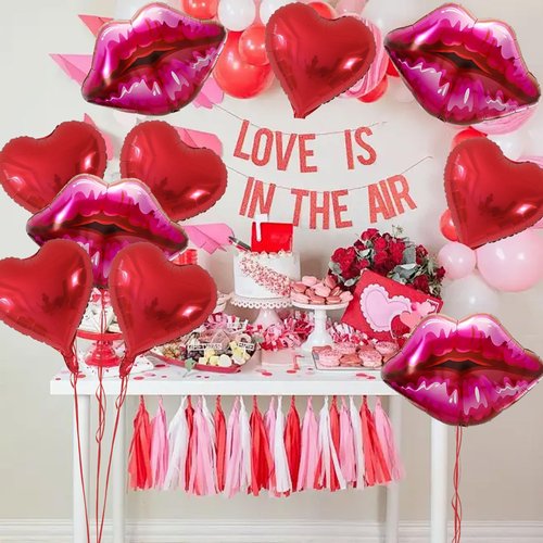 10Pcs Red Heart Ballons Lip Balloons Kiss Balloons with Ribbon for Valentine's Day Wedding Anniversary Love-Themed Parties Makeup Themed Party Kiss the Miss Goodbye Galentine's Day Decor