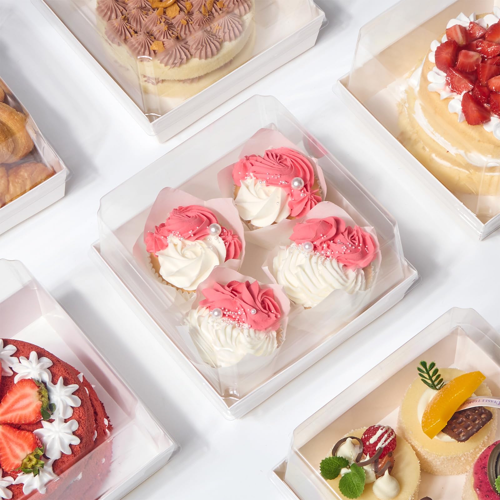ZORRITA Paper Cake Boxes with Clear Lids, 7" x 7" x 4", 40 Pack, White