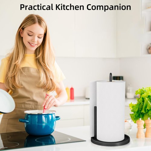 Paper Towel Holder Countertop, Freestanding Paper Towel Roll Holder with Weighted Base, Stainless Steel Standing Papertowel Holder for Kitchen, Matte Black