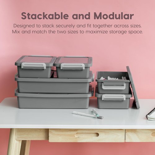 IRIS USA Craft Storage Container Bins - 6 Qt. Stackable Organizer with Lids | 2 Pack in Gray
