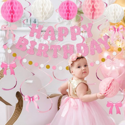 Amandir Pink Birthday Decorations for Girls Women, Glitter Happy Birthday Banner with Honeycomb Balls, Bow Hanging Swirls Streamers, Circle Dots Garland, Coquette Party Decorations