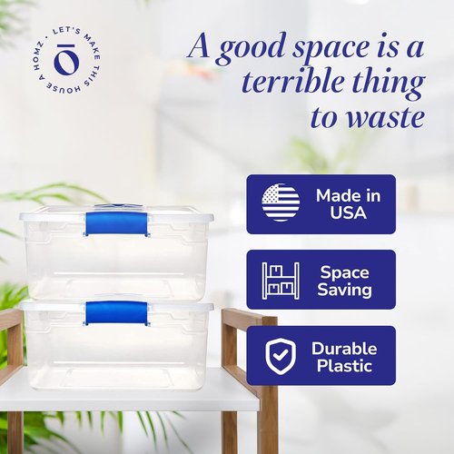 HOMZ 4-Pack Clear Plastic Storage Bins - 15.5 Quart Stackable Organizers for Home & Office