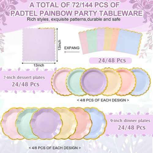 Skybooly 144 Pcs 48 Guests Pastel Rainbow Party Paper Plates and Napkins Sets Heavy Duty Pastel Scalloped Party Plates Napkins Disposable Rainbow Supplies Decoration for Bridal Baby Shower Wedding