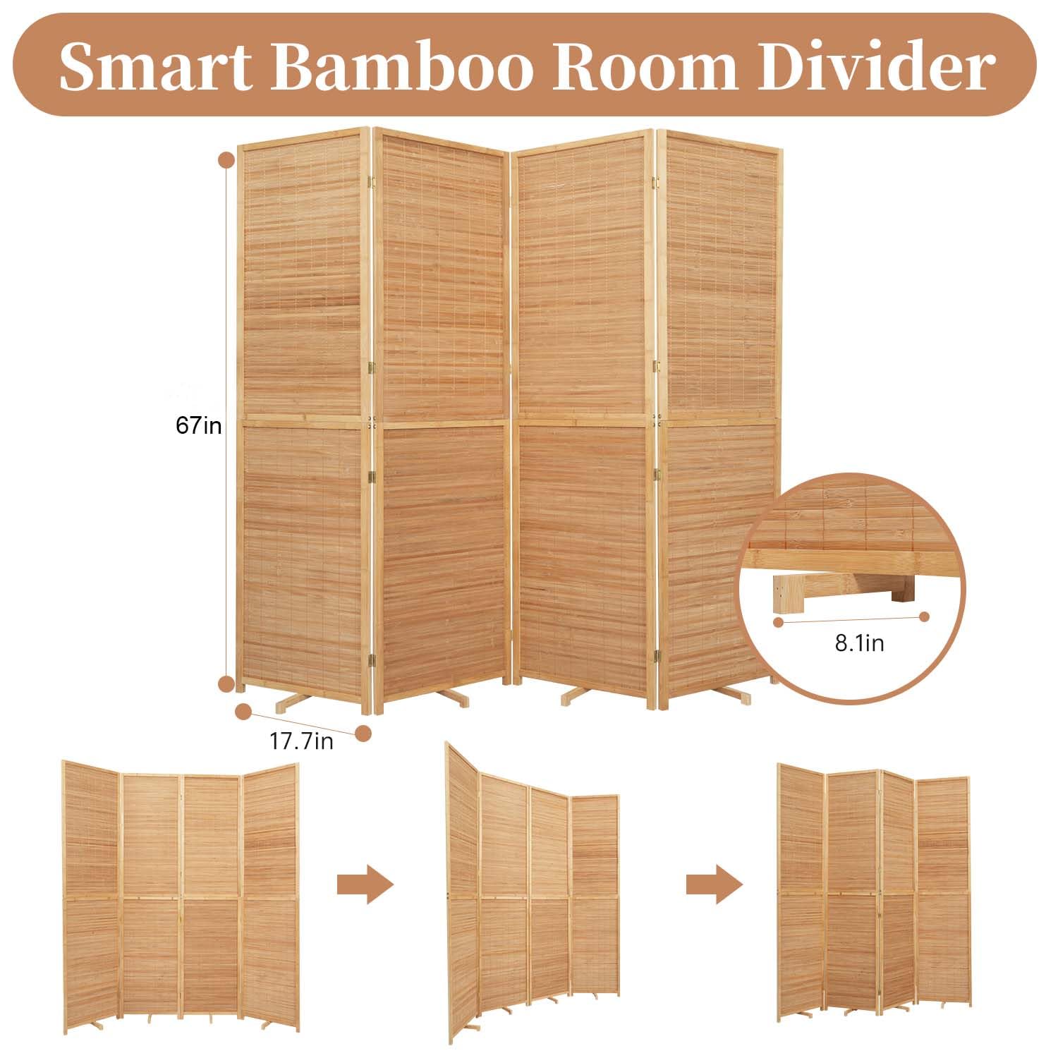 Room Divider Folding Privacy Screens, Hand-Made 67'' High Bamboo Room Dividers Freestanding 2-in-1 Multifunction 4 Panel Wall Divider for Room Separation, Portable Room Partitions and Dividers