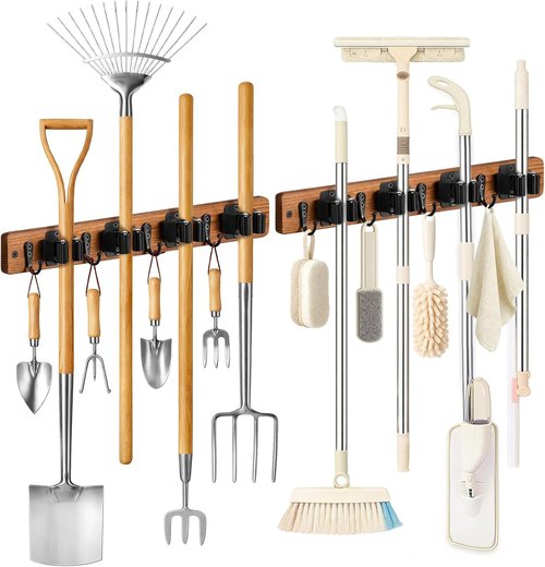 Lorbro Broom Holder Wall Mount - 2 Pack Wooden Mop Organizer with 4 Slots & Hooks for Garage, Kitchen, Laundry Room