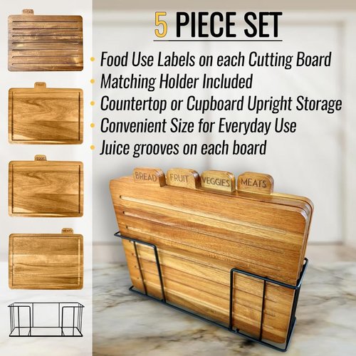 MODERNLYST Acacia Cutting Boards for Kitchen with Holder 13" x 11" x 2.5" | Labeled Wood Cutting Board Sets | Large Wooden Cutting Board Set of 4 with Black Organized Stand | Non Toxic Chopping Board