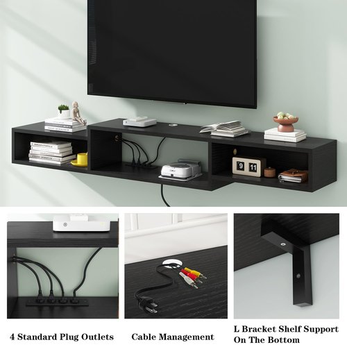 IBUYKE 71" Floating TV Stand Wall Mounted with Power Outlet,Wood Wall Mounted Media Console Shelf,Floating Entertainment Center for Under TV Storage for Living Room Bedroom Office,Black WST008B