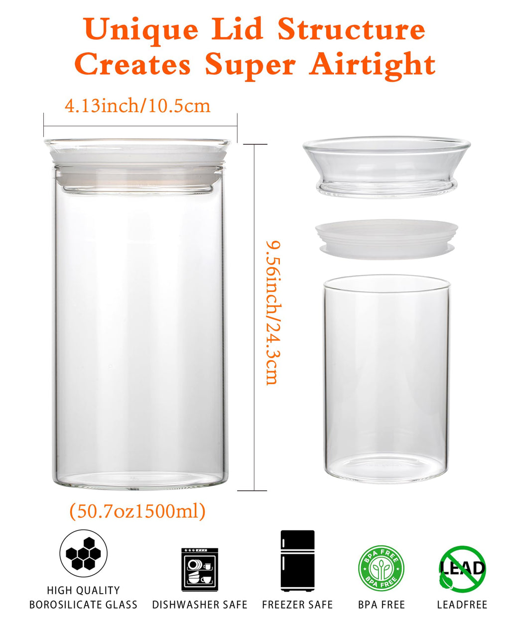 ZENS Modern Glass Food Storage Jars Set of 2, 50oz Clear Glass Canisters with Airtight Lids, Large Container for Kitchen Pantry Pasta, Sugar, Flour, Coffee, Pasta, Tea