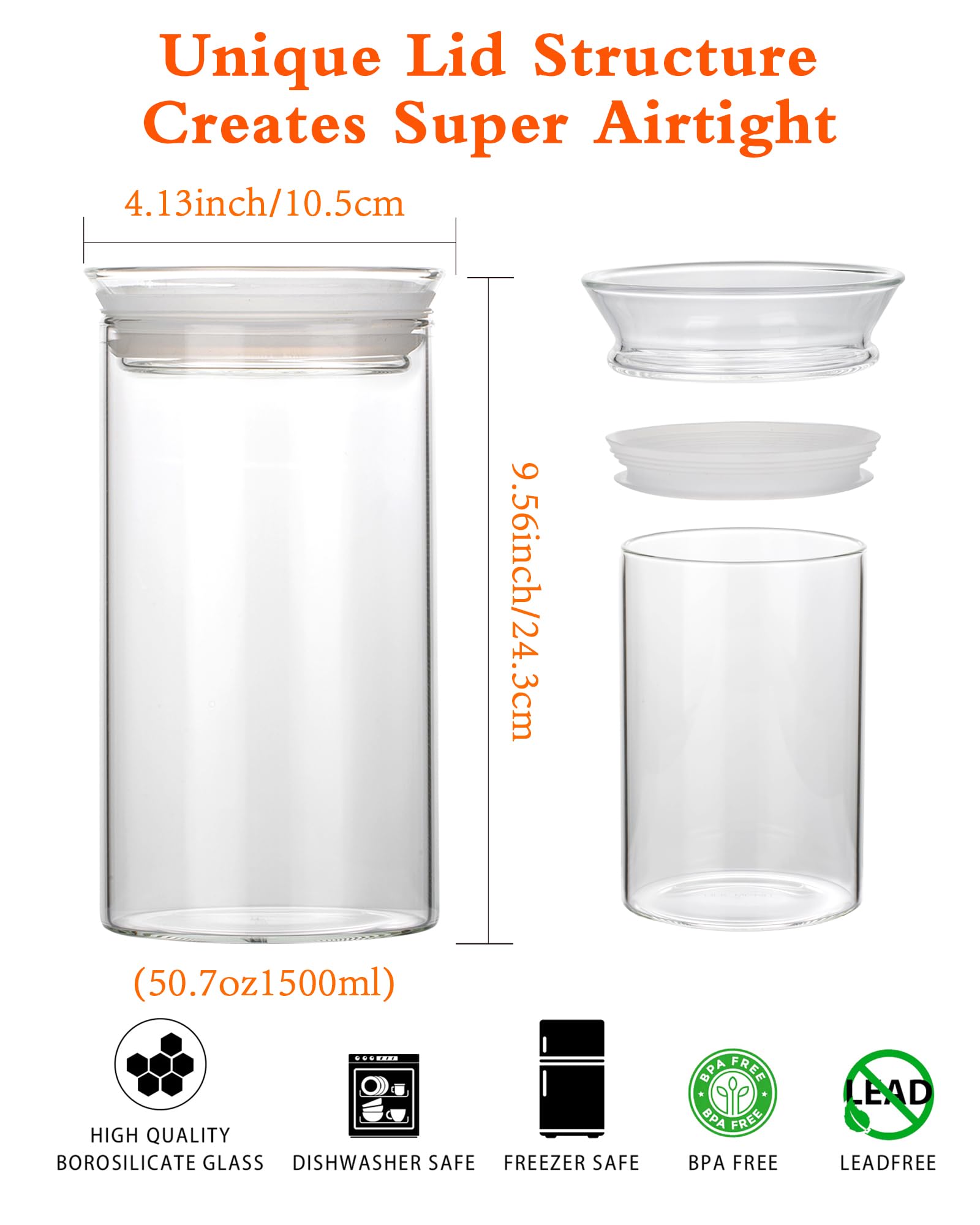 ZENS Modern Glass Food Storage Jars Set of 2, 50oz Clear Glass Canisters with Airtight Lids, Large Container for Kitchen Pantry Pasta, Sugar, Flour, Coffee, Pasta, Tea