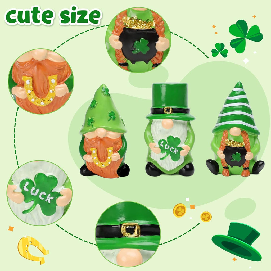 St. Patrick's Day Gnome Decor - 3Pcs Lucky Resin Gnome Ornaments for Tiered Tray | Home Table & Shelf Decor