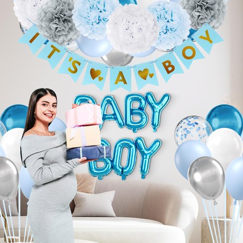 Blue Baby Shower Decorations with Grey Paper Pom Poms Metallic Silver Light Blue Balloons Banner for Gender Reveal Baby Shower Birthday Party Decorations