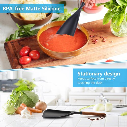 Multifunction Silicone Spatula Spoon - Premium Kitchen Utensil Set for Cooking, Baking, and Serving，Silicone Ladle and Spatula for Non-Stick Cookware，Wood Handle Spoon (Black 1-Pack)