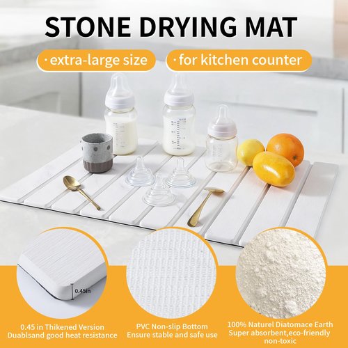 Stone Dish Drying Mat for Kitchen Counter, 24"×16" Foldable Stone Drying Mats, Non-Slip Fast Absorbent Diatomaceous Earth Stone Drying Matt for Kitchen Counter Dishes and Cups, Marbled White