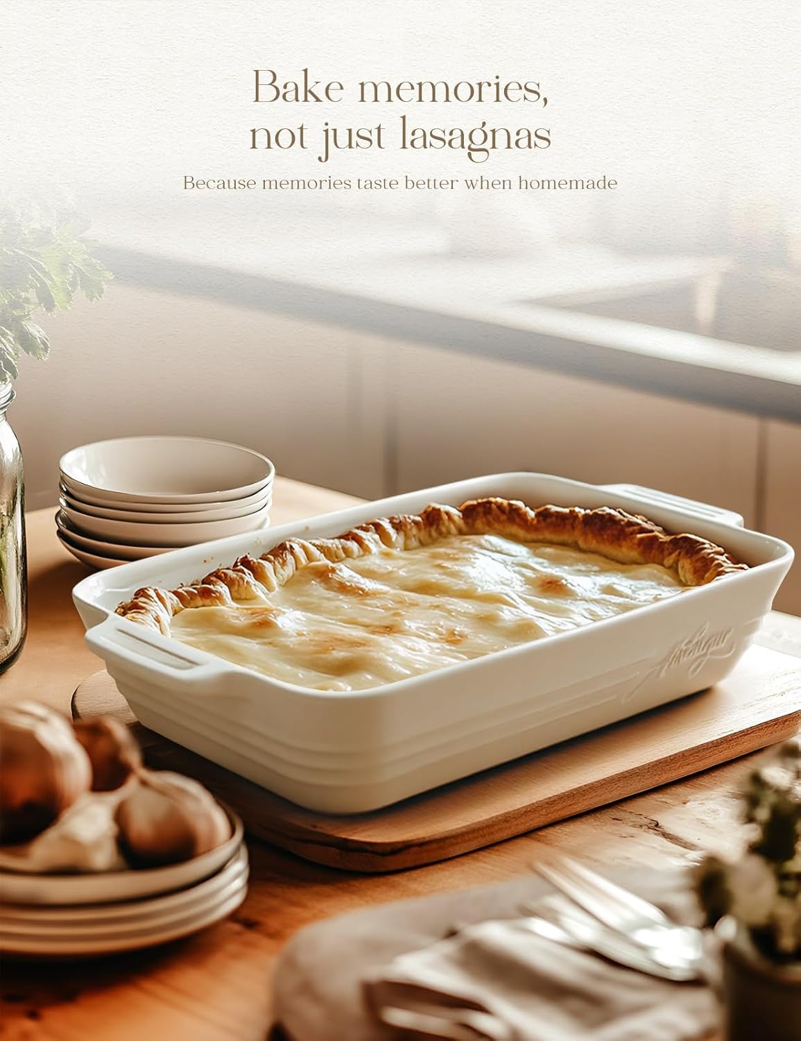 Regine Switzerland Casserole Dish - 9x13 Ceramic Baking Pan with Handles | 4.2 Quarts Durable Lasagna Bakeware in White