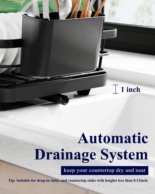 Kitsure Dish Drying Rack - Compact Dish Rack with Utensil Holder & Adjustable Water Outlet, Rust-Proof & Scratch-Resistant Drying Rack for Kitchen, 14.5" x 12.0" x 4.0", Black