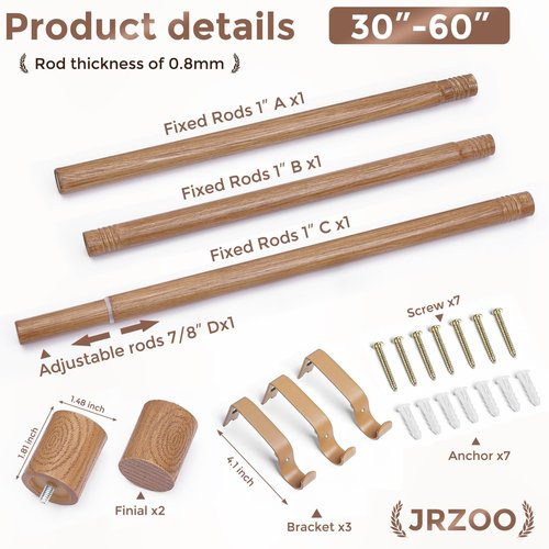 JRZOO Wood Curtain Rods, 1'' Decorative Adjustable Rustic Farmhouse Drapery Rod, Heavy Duty Boho Curtain Pole for Windows 28 to 48 Inch with Imitation Wooden Grain Finials, (Light Wood/Unique Design)