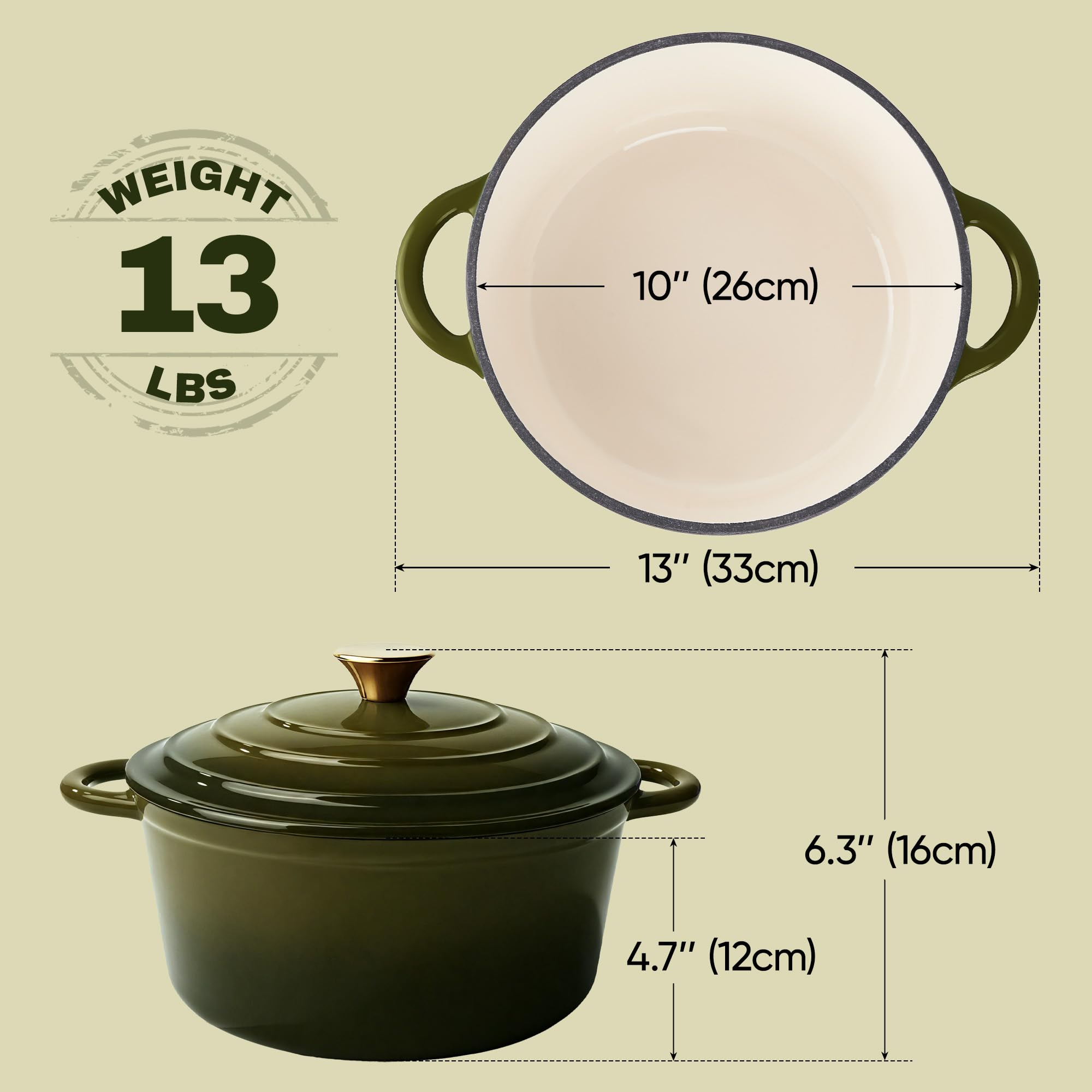 Vintage Style 6 Quart Dutch Oven Pot with Lid, Non Stick Enameled Cast Iron Dutch Oven for Bread Baking, Heavy-Duty, Oven Safe Ceramic Cookware Up to 500°F for Baking, Braising, Stews, Roasting, Golden Green